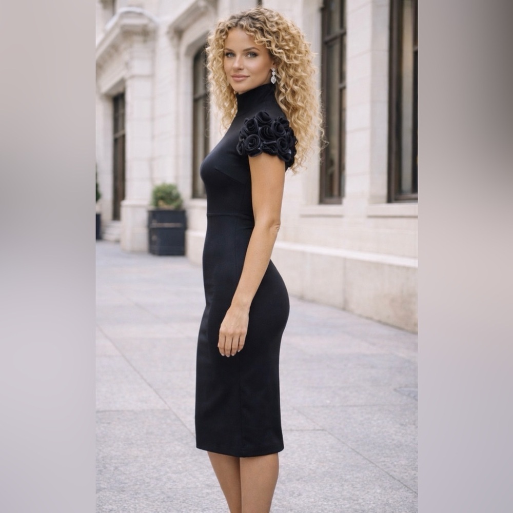 Adrienne Vittardini Elegant Black Bodycon Dress with Rosette Puff Sleeves 🖤